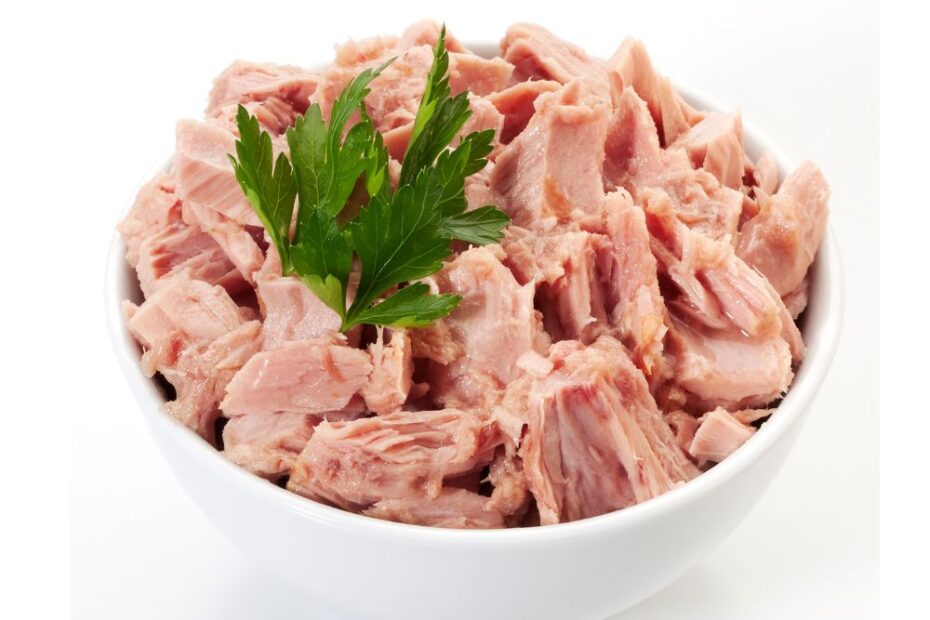 Tigela branca com atum enlatado em pedaços, decorado com folhas de salsa, sobre fundo claro.
